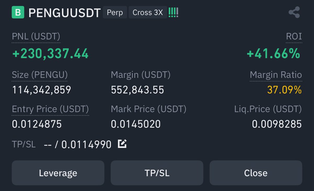 Closed out and secured profits into more $PENGU spot bags.

Though I’m confident this is heading much higher soon. 

Just not one to stay leveraged too long, emotions and discipline don’t always mix well 🥴