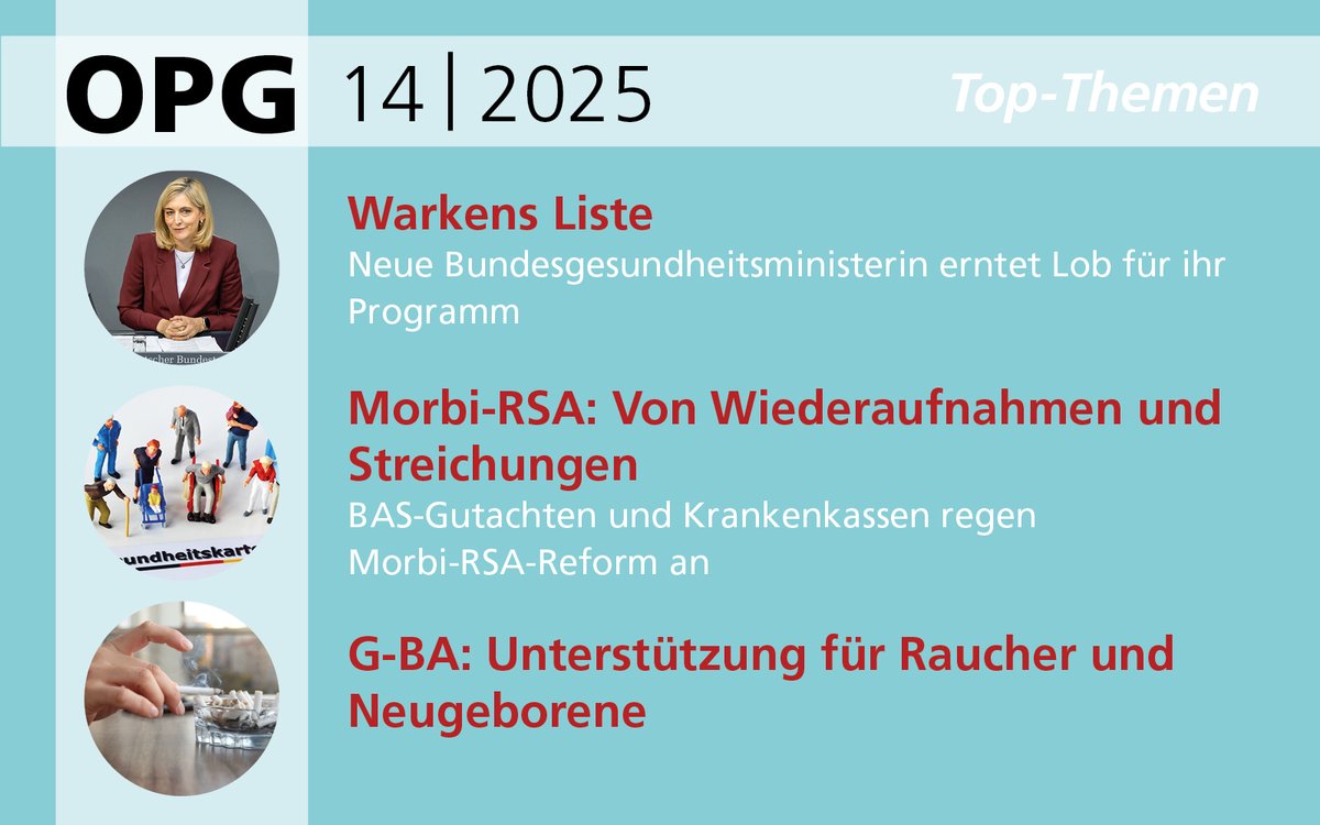PA_Gesundheit (@pa_gesundheit) on Twitter photo Der neue #OPG ist draußen.
🗞️Reformbedarf I: <a href="/ninawarken/">Nina Warken</a> <a href="/BMG_Bund/">Bundesgesundheitsministerium</a> skizziert Agenda
🗞️ Reformbedarf II: #MorbiRSA benötigt Update
🗞️ Reformbedarf III: <a href="/SVR_Gesundheit/">SVR Gesundheit & Pflege</a> gegen freie Preisbildung, für Arzneimittelbudgets & mehr p4p-Modelle
📰 Zur Ausgabe 👉pa-gesundheit.de/opg/opg-online… Der neue #OPG ist draußen.
🗞️Reformbedarf I: <a href="/ninawarken/">Nina Warken</a> <a href="/BMG_Bund/">Bundesgesundheitsministerium</a> skizziert Agenda
🗞️ Reformbedarf II: #MorbiRSA benötigt Update
🗞️ Reformbedarf III: <a href="/SVR_Gesundheit/">SVR Gesundheit & Pflege</a> gegen freie Preisbildung, für Arzneimittelbudgets & mehr p4p-Modelle
📰 Zur Ausgabe 👉pa-gesundheit.de/opg/opg-online…