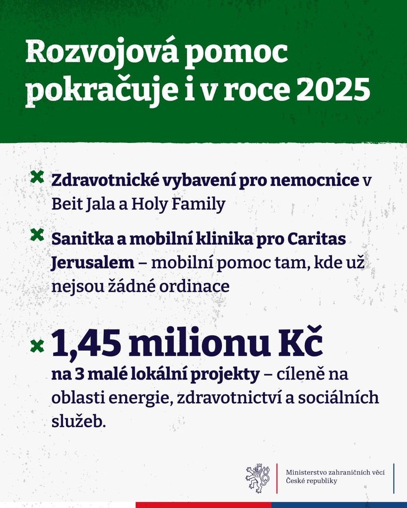 Potravinová pomoc, zdravotní péče, vybavení do nemocnic.

Jak Česko pomáhá Palestincům? 👇