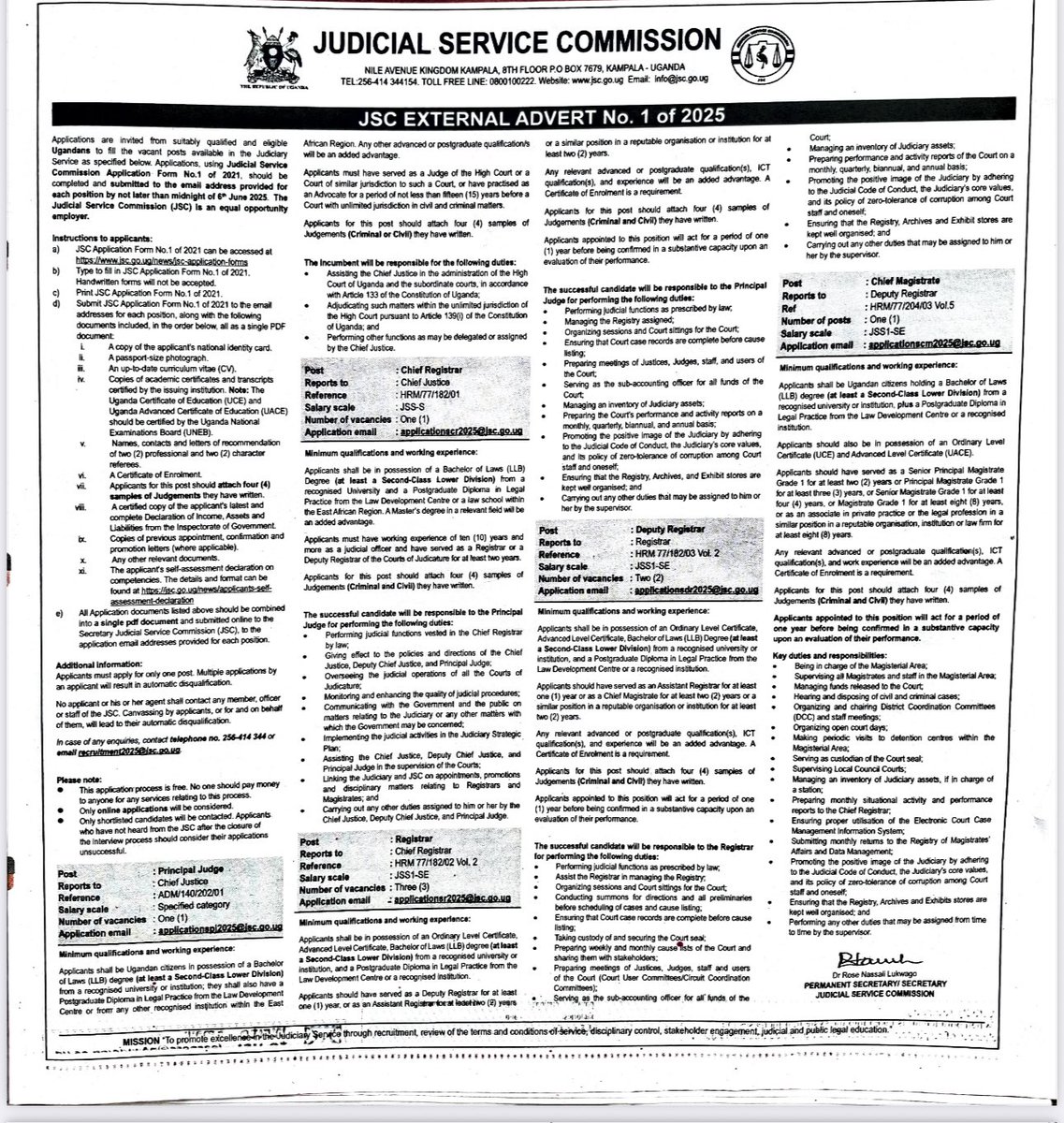 No ULS representatives at the JSC no problem.

1/ The Judicial Service Commission has now advertised for judicial officers under new regulations that sideline the Uganda Law Society and other key stakeholders.

2/ The process is now overseen by a search and recruitment committee
