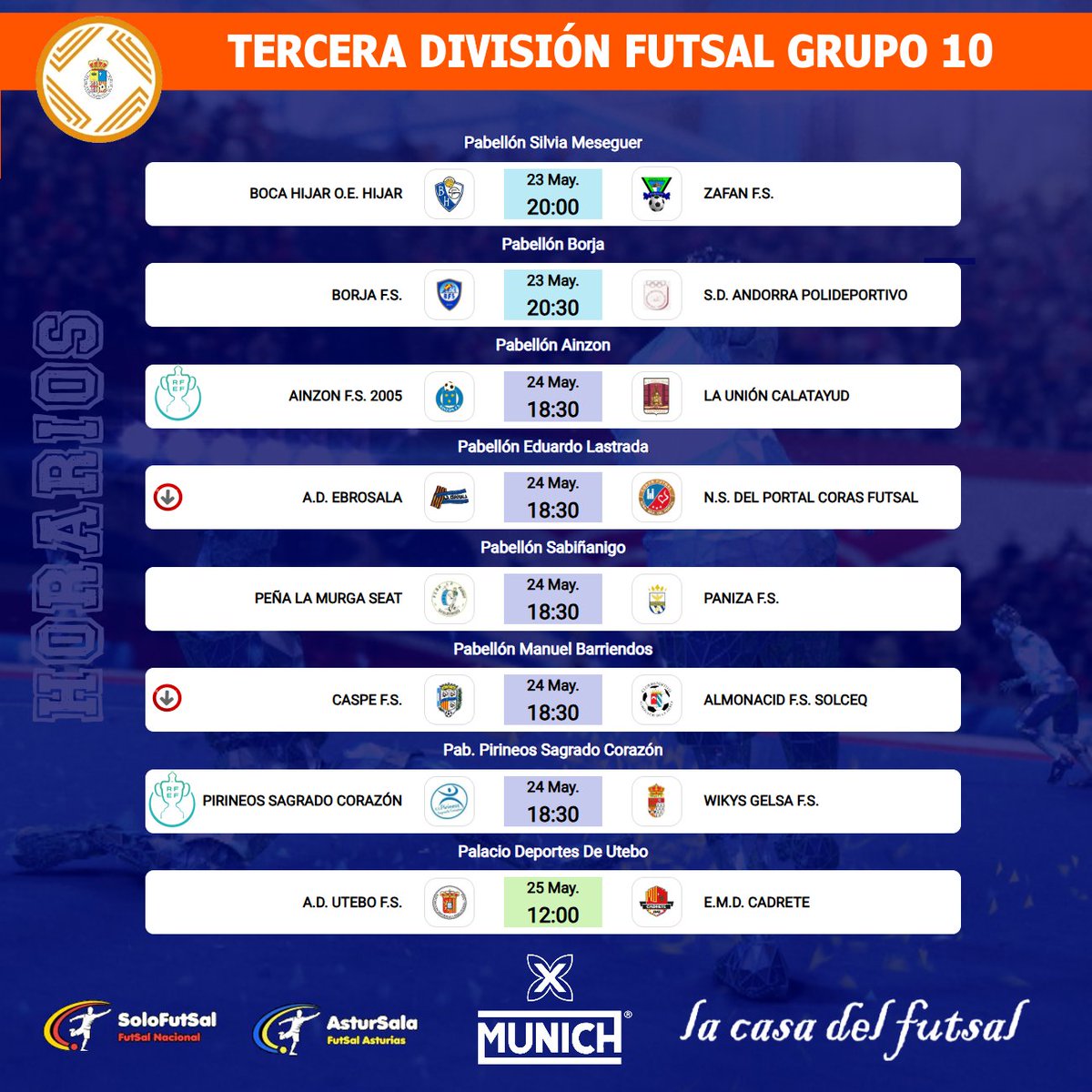 Solo-FutSal (@solofutsal_) on Twitter photo 🟧 3⃣ª DIVISIÓN FUTSAL - GRUPO 1⃣0⃣
📆 30ª JORNADA /⏰HORARIOS
✍️ Consulta los horarios de la jornada
📎 solo-futsal.es/tercera-divisi…
🔀 Visita los perfiles de los equipos de la categoría
<a href="/unioncalatayud/">A.D.Peña la Union</a> <a href="/borja_fs01/">BORJA F.S</a> <a href="/BPANIZAFS/">BODEGAS PANIZA F.S</a> <a href="/WikysFS/">Wikys Gelsa F.S.</a> <a href="/corasfutsalzgz/">Coras Futsal Zaragoza</a> <a href="/Zafanfs/">Zafán F.S.</a> <a href="/bocahijarfutsal/">Boca Híjar F.S.</a> 🟧 3⃣ª DIVISIÓN FUTSAL - GRUPO 1⃣0⃣
📆 30ª JORNADA /⏰HORARIOS
✍️ Consulta los horarios de la jornada
📎 solo-futsal.es/tercera-divisi…
🔀 Visita los perfiles de los equipos de la categoría
<a href="/unioncalatayud/">A.D.Peña la Union</a> <a href="/borja_fs01/">BORJA F.S</a> <a href="/BPANIZAFS/">BODEGAS PANIZA F.S</a> <a href="/WikysFS/">Wikys Gelsa F.S.</a> <a href="/corasfutsalzgz/">Coras Futsal Zaragoza</a> <a href="/Zafanfs/">Zafán F.S.</a> <a href="/bocahijarfutsal/">Boca Híjar F.S.</a>