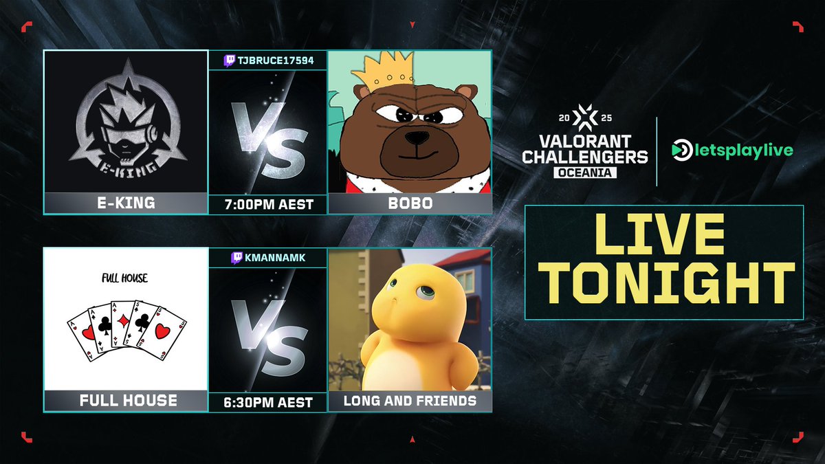 LPL Esports (@letsplaylivegg) on Twitter photo Day 2 of the VCT OCE 2025 Split 1! 👑
🟡 LIVE GAMES 🟡
🔫 <a href="/BONKERSOCE/">E-KING</a> vs <a href="/BOBOvlr/">BOBO</a>
📺 twitch.tv/tjbruce17594
🎙️ <a href="/MerlinJPC/">Merlin</a> <a href="/mu1titudes/">mu1titudes</a>
👁️ <a href="/PyroZero_/">thomas</a>
Produced by <a href="/tjbruce17594/">TJ Bruce | tjbruce17594</a>
🔫 <a href="/FULLHOUSEVLR/">Full House</a> vs <a href="/longandfriends/">LNF</a>
📺 twitch.tv/kmannamk
🎙️ <a href="/kmannamk/">Kmannamk</a> <a href="/DigzzyKaye/">DigzzyKaye</a>
👁️ <a href="/Tibs_73/">Tibs</a> Day 2 of the VCT OCE 2025 Split 1! 👑
🟡 LIVE GAMES 🟡
🔫 <a href="/BONKERSOCE/">E-KING</a> vs <a href="/BOBOvlr/">BOBO</a>
📺 twitch.tv/tjbruce17594
🎙️ <a href="/MerlinJPC/">Merlin</a> <a href="/mu1titudes/">mu1titudes</a>
👁️ <a href="/PyroZero_/">thomas</a>
Produced by <a href="/tjbruce17594/">TJ Bruce | tjbruce17594</a>
🔫 <a href="/FULLHOUSEVLR/">Full House</a> vs <a href="/longandfriends/">LNF</a>
📺 twitch.tv/kmannamk
🎙️ <a href="/kmannamk/">Kmannamk</a> <a href="/DigzzyKaye/">DigzzyKaye</a>
👁️ <a href="/Tibs_73/">Tibs</a>