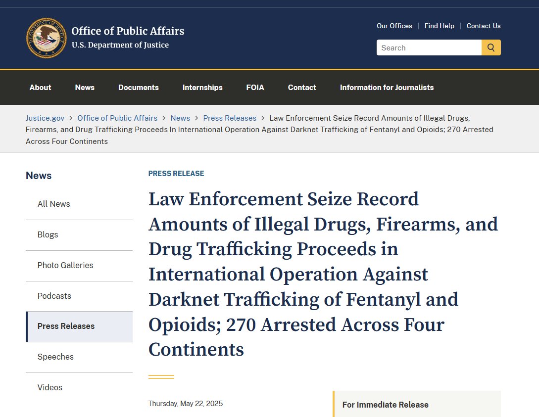 🚨 BREAKING: "Operazione RapTor: Distrutta una rete globale di traffico di droga sul dark web, 270 arresti e 2 miliardi di dollari sequestrati"