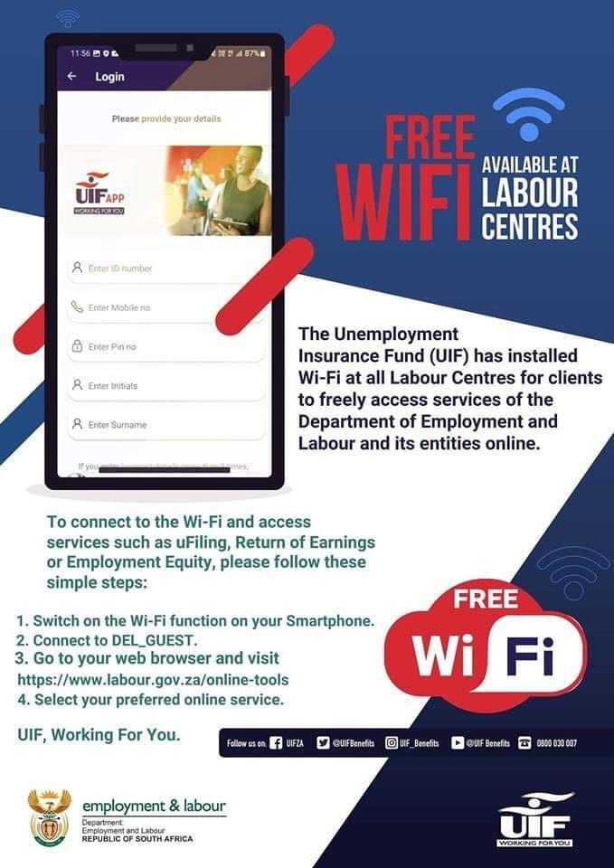UNEMPLOYMENT INSURANCE FUND (UIF) (@uifbenefits) on Twitter photo The #UIF has installed WiFi at all labour centres for clients to freely access online the services of the Department of Employment and Labour and its entities.
#UIF
#WorkingForYou
#Yazini
#ServiceDeliveryZA The #UIF has installed WiFi at all labour centres for clients to freely access online the services of the Department of Employment and Labour and its entities.
#UIF
#WorkingForYou
#Yazini
#ServiceDeliveryZA