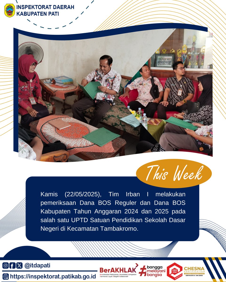 itdapati's tweet image. Kilas balik kegiatan Inspektorat Daerah Kabupaten Pati dalam sepekan hari Senin (19/05/2025) hingga Jum’at (23/05/2025).

#ASNBerAKHLAK
#BanggaMelayaniBangsa