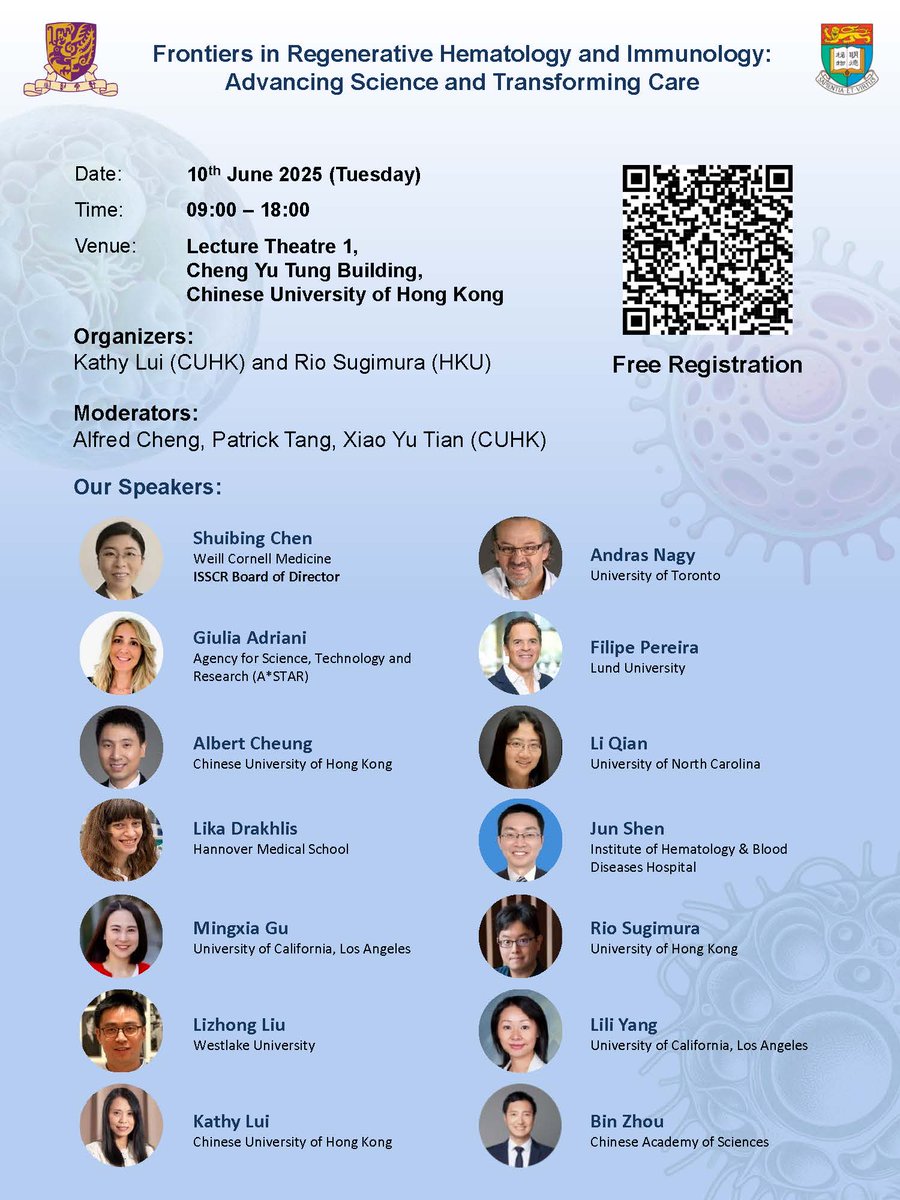 Rio Sugimura (@rio_sugimura) on Twitter photo Hematology & Immunology Symposium at HK, June 10 held at <a href="/CUHKMedicine/">CUHK Medicine</a>
<a href="/kathyolui/">Kathy Lui</a> <a href="/LiliYangLab/">Lili Yang Engineering Immunity Lab</a> <a href="/CellReproLab/">Pereira Lab</a> <a href="/LLizhong/">Lizhong Liu</a> <a href="/MingxiaGu/">Mingxia Gu</a> discuss blood origin, human embryo model, CAR-NKT, reprogramming immunotherapy, vascular organoid. Free register from QR Hematology & Immunology Symposium at HK, June 10 held at <a href="/CUHKMedicine/">CUHK Medicine</a>
<a href="/kathyolui/">Kathy Lui</a> <a href="/LiliYangLab/">Lili Yang Engineering Immunity Lab</a> <a href="/CellReproLab/">Pereira Lab</a> <a href="/LLizhong/">Lizhong Liu</a> <a href="/MingxiaGu/">Mingxia Gu</a> discuss blood origin, human embryo model, CAR-NKT, reprogramming immunotherapy, vascular organoid. Free register from QR