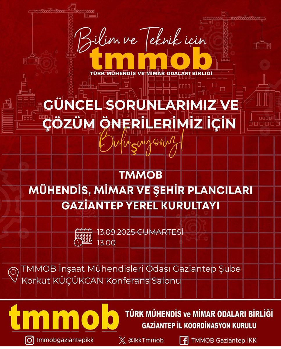 GAZİANTEP İMO (@imogaziantep) on Twitter photo TMMOB Mühendis, Mimar ve Şehir Plancıları Gaziantep Yerel Kurultayı 13.09.2025 tarihinde Saat: 13.00 ‘da TMMOB İnşaat Mühendisleri Odası Gaziantep Şube, Korkut KÜÇÜKCAN Konferans Salonunda gerçekleştirilecektir.
Kayıtlı Linki: imogaziantep.org/tmmobkurultayk…
<a href="/burkaygucyetmez/">Burkay Güçyetmez</a> TMMOB Mühendis, Mimar ve Şehir Plancıları Gaziantep Yerel Kurultayı 13.09.2025 tarihinde Saat: 13.00 ‘da TMMOB İnşaat Mühendisleri Odası Gaziantep Şube, Korkut KÜÇÜKCAN Konferans Salonunda gerçekleştirilecektir.
Kayıtlı Linki: imogaziantep.org/tmmobkurultayk…
<a href="/burkaygucyetmez/">Burkay Güçyetmez</a>