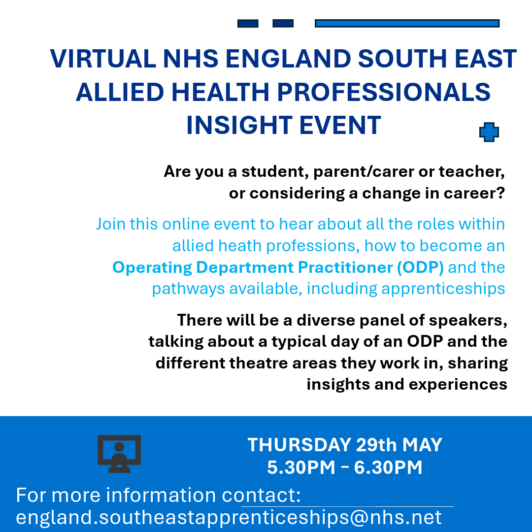 Want to learn more about ODP's? 

Join a live virtual Q&amp;A session hosted by NHS ENGLAND SOUTH EAST ALLIED HEALTH PROFESSIONALS on Thursday 29 of May! 

Scan the QR code below to sign up and bring your questions!