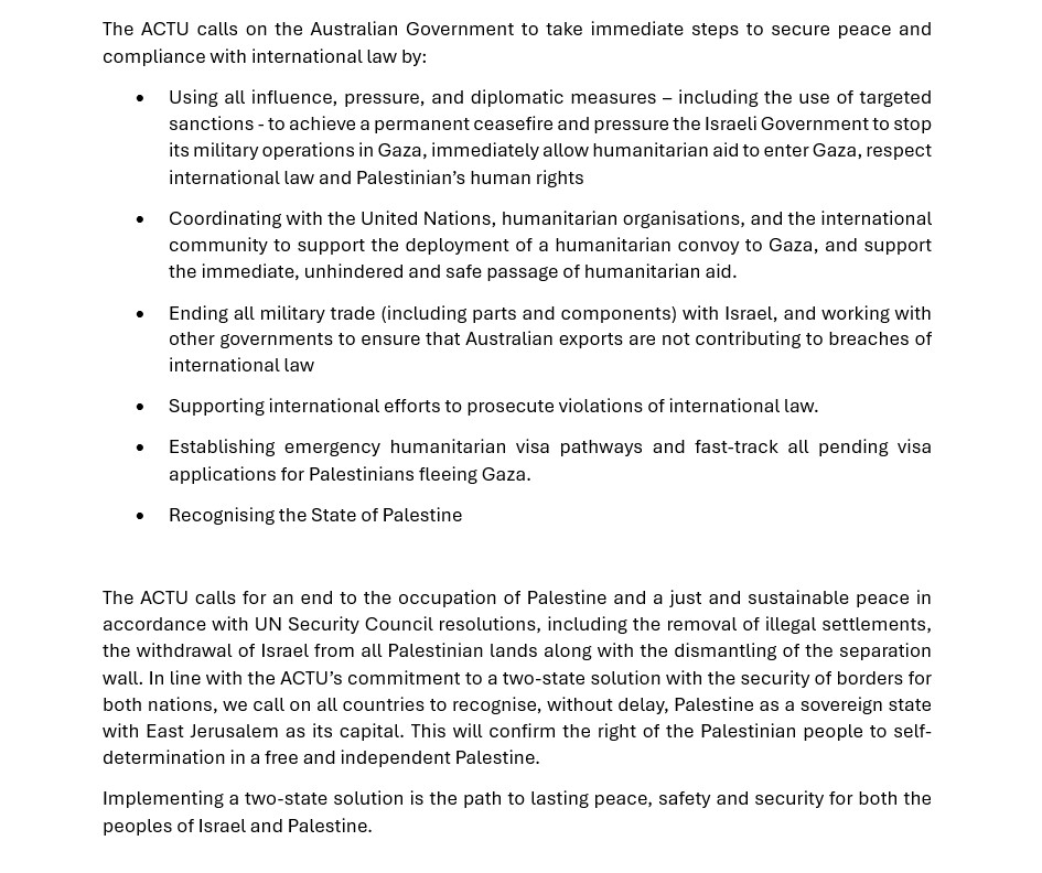 ACTU statment on Gaza