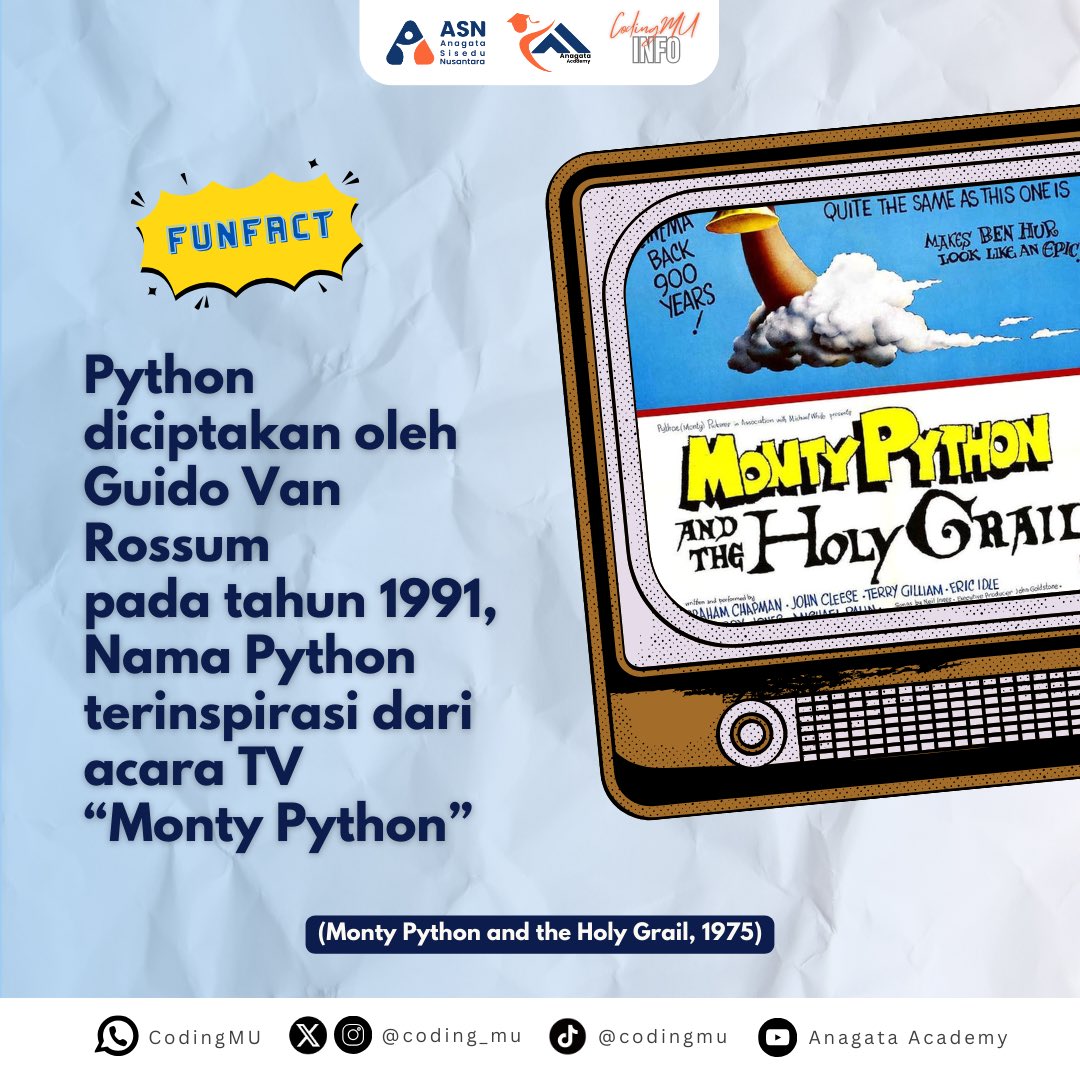 coding_mu's tweet image. Python? emang ada hubungannya sama ular? 🐍

Ternyata enggak gais! 🙅🙅‍♀

Nama Python justru terinspirasi dari acara TV komedi 🎭

#ASN #AnagataAcademy #CodingMU #trivia #fun #fact  #edukasi #belajar #coding #python #programmer #anak #sekolah #pendidikan #teknologi #digital