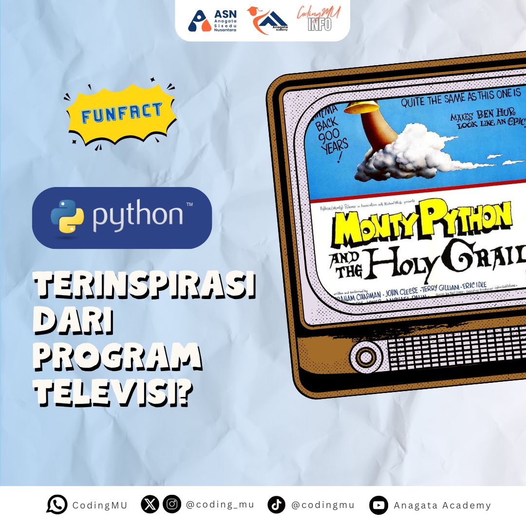 coding_mu's tweet image. Python? emang ada hubungannya sama ular? 🐍

Ternyata enggak gais! 🙅🙅‍♀

Nama Python justru terinspirasi dari acara TV komedi 🎭

#ASN #AnagataAcademy #CodingMU #trivia #fun #fact  #edukasi #belajar #coding #python #programmer #anak #sekolah #pendidikan #teknologi #digital
