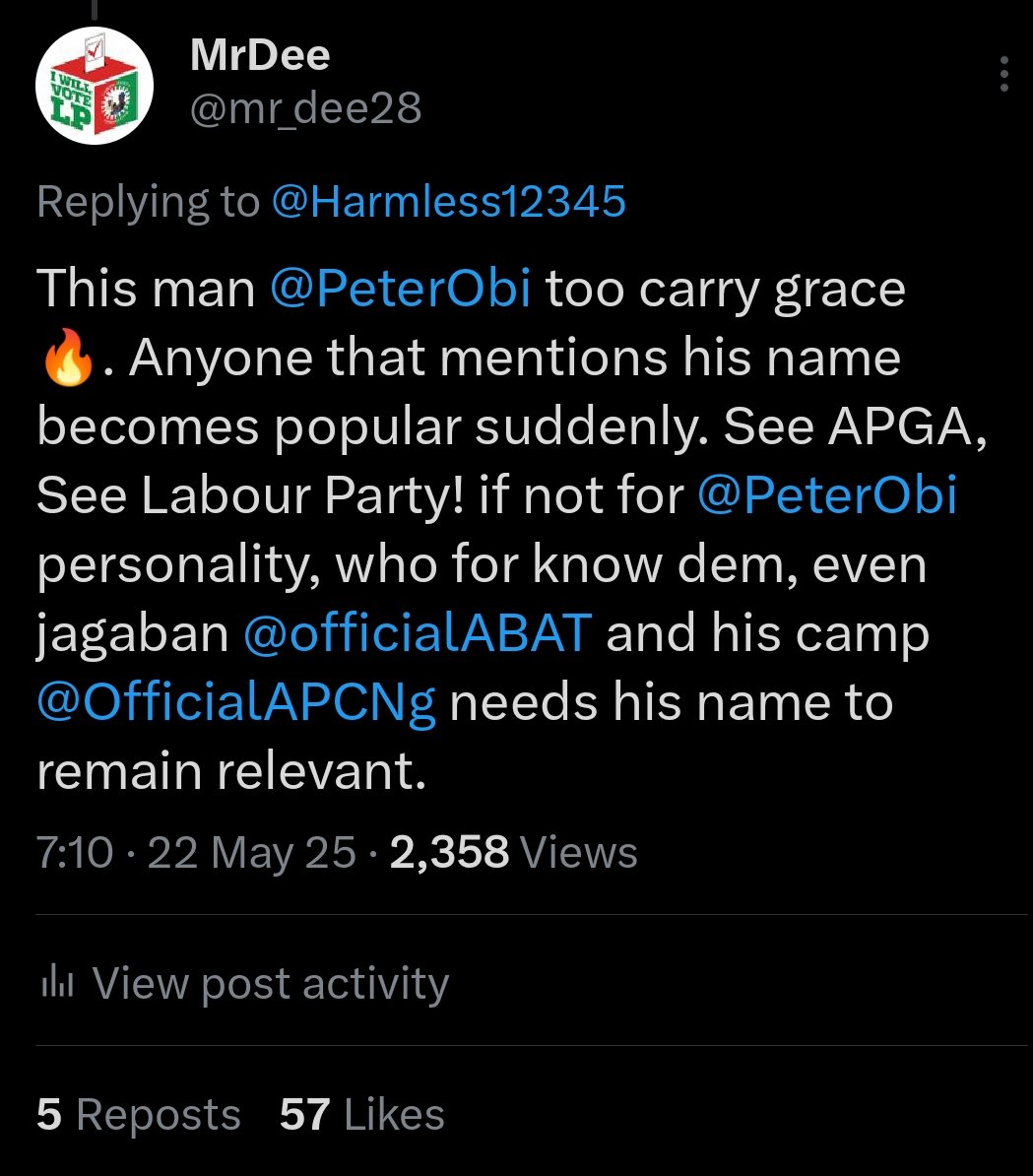 mr_dee28's tweet photo. @Harmless12345 @PeterObi @officialABAT @OfficialAPCNg This is the first time am getting this huge number of view on my comment simply because i mentioned @PeterObi Jealousy na go just kill some people for this country. @PeterObi all the way🔥💪 https://t.co/a81Txi1mPX