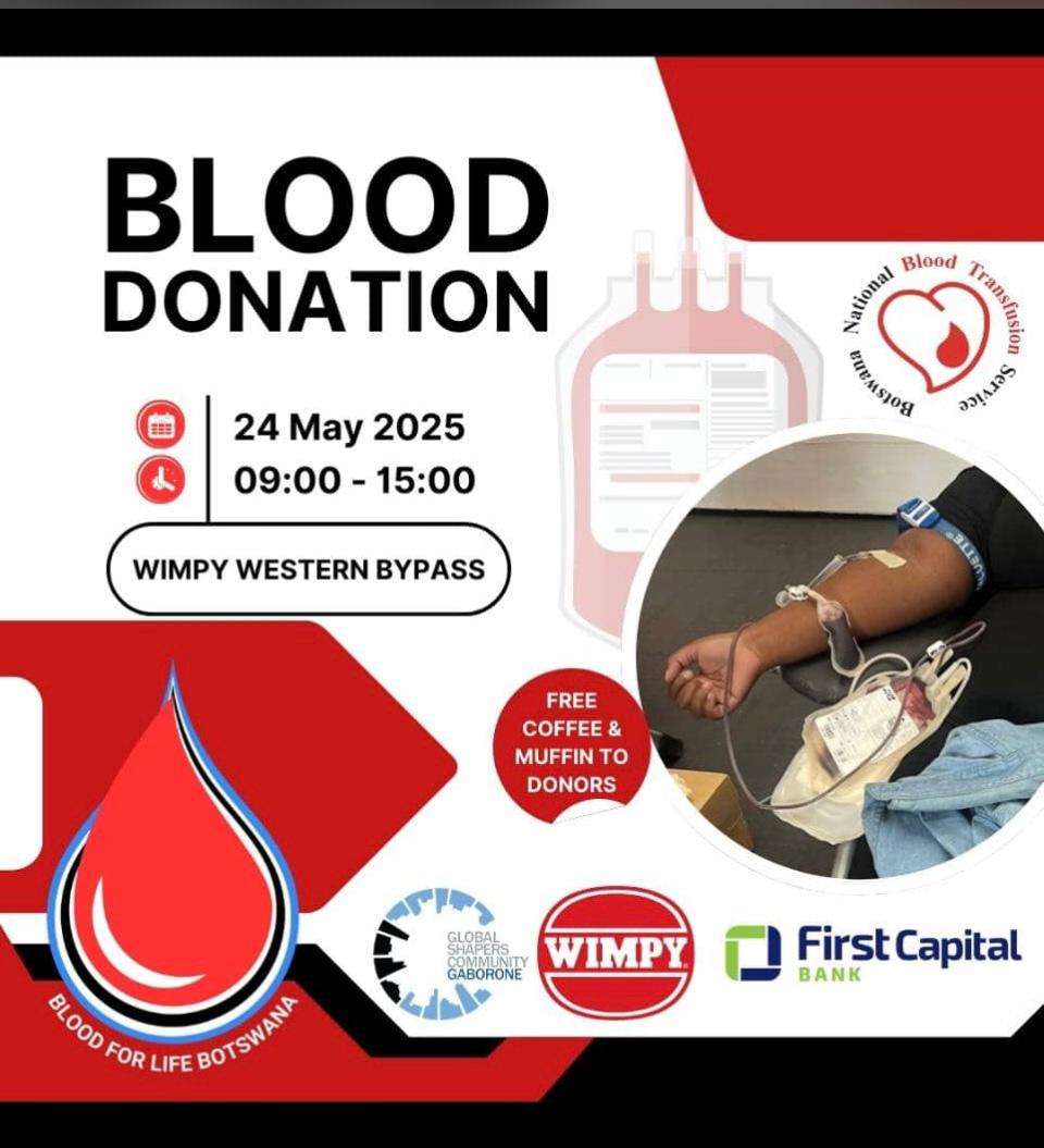 🩸 Donate Blood, Save Lives!
Join us at Wimpy, Western Bypass on 24 May from 9AM–3PM for a #BloodDonation drive.
Every drop counts. 💉
#BloodForLifeBotswana #GiveBlood #BotswanaCares