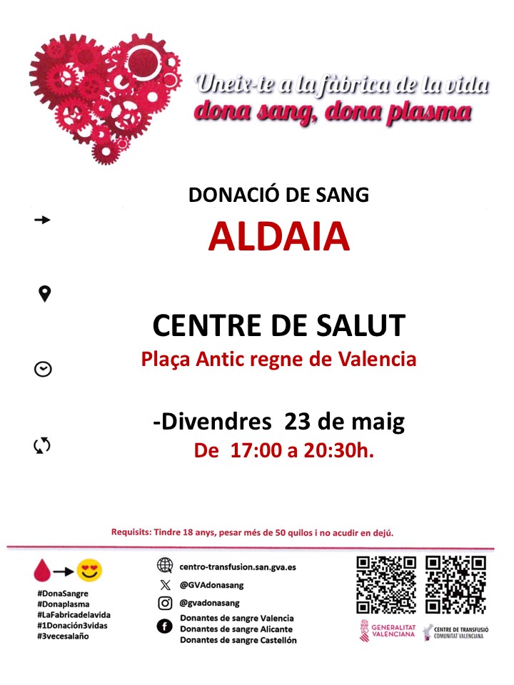 Dona sangre en #Aldaia
📆Viernes #23mayo 

👉No esperes a una situación de emergencia, dona con regularidad para salvar vidas.

#DonaSangre #ComparteVida ❤