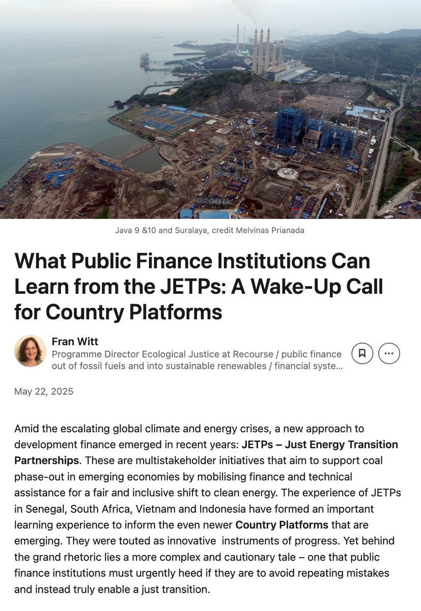 Just Energy Transition Partnerships were touted as innovative instruments of progress. Yet behind the grand rhetoric lies a more complex and cautionary tale for public financiers.

An important read by <a href="/FranWitt5/">Fran Witt</a>⬇️ 
linkedin.com/pulse/what-pub…

#JETPs #JustEnergyTransition #LongRead