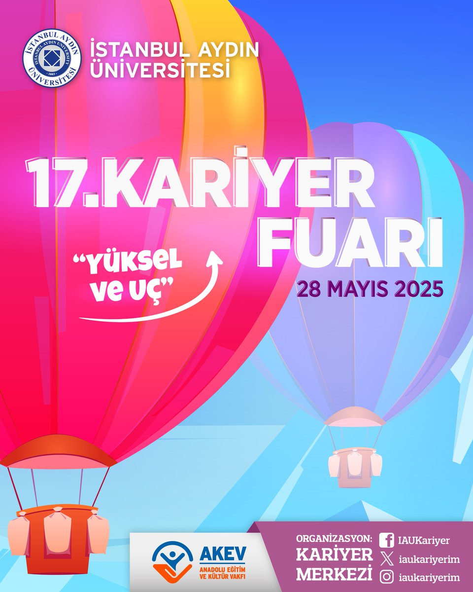 🎈YÜKSEL VE UÇ!📣17. Kariyer Fuarı'nda Geleceğine Yön Ver!📅 Tarih: 28 Mayıs 2025📍 Yer: Ana Bahçe🚀 Hayalindeki işe bir adım daha yaklaş! Stajdan tam zamanlı pozisyonlara, part time’dan dönemsel işlere.   Tüm öğrenci ve mezunlarımızı CV’leriyle birlikte fuara bekliyoruz.