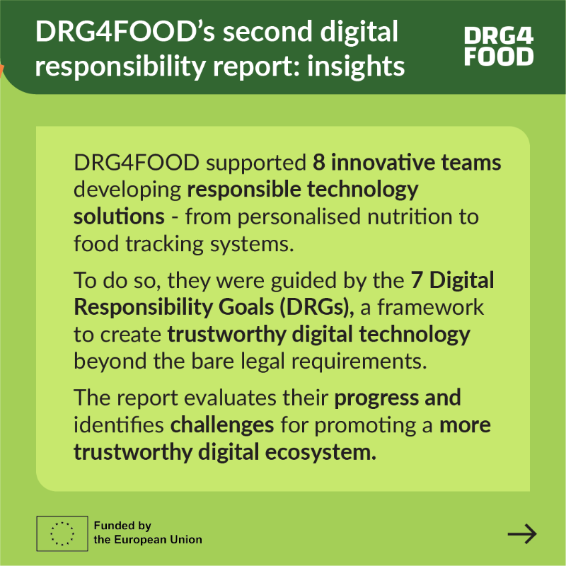 SciFoodHealth's tweet photo. Excited to share #DRG4FOOD's Digital Responsibility Report!
📘
See how the project is transforming #FoodData systems.
Check the examples of GENIE's genetic shopping tool with privacy protection & NutriSight's zero-data nutrition scanner.👇
#FoodTech