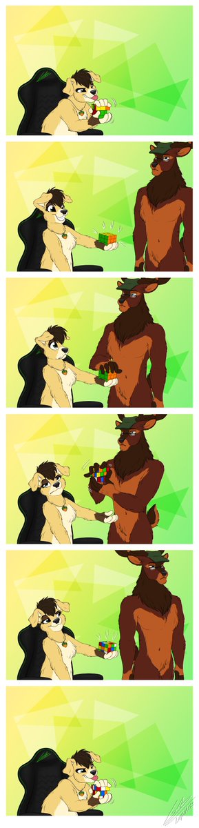 "Solving it" - Whenever I solve my Rubix Cube, my boyfriend <a href="/R_Snoops/">R. Snoops</a> mixes it up again for me to solve again. It's an endless circle! 💚💜

#art #artist #artwork #digitalart #drawing #comic #comicstrip #furry #furryart #furryartist #cute #reddeer #deer #dog #originalcharacter