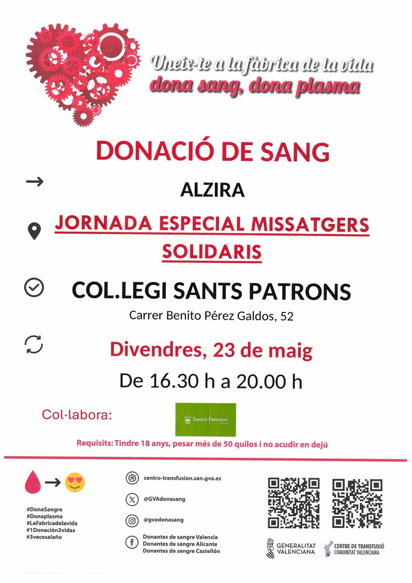 Dona sangre en #Alzira
📆Viernes #23mayo

👉No esperes a una situación de emergencia, dona con regularidad para salvar vidas.

#DonaSangre #ComparteVida ❤