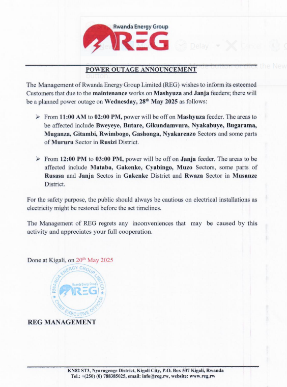 reg_rwanda's tweet photo. #Power_Outage_Alert
On 28th May 2025 there is a planned power outage in some parts of @RusiziDistrict @MusanzeDistrict & @GakenkeDistrict .
Please plan accordingly to avoid interruption.
#Ibura_Ryumuriro
Tariki ya 28/05/2025 hateganyijwe ibura ry'umuriro mu bice bimwe bya @RusiziDistrict @MusanzeDistrict & @GakenkeDistrict .
Murakoze.