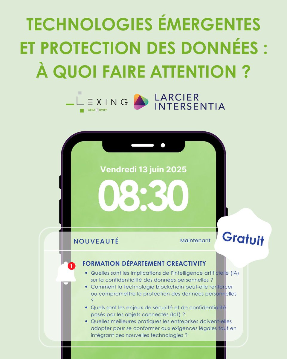 #earlegal  📅 Vendredi 13/06, Fanny COTON, Sophie Everarts de Velp, Léa Quertemont et Kimberly Orinx présenteront un webinaire pour explorer les enjeux liés aux technologies émergentes et à la protection des données 👉 swll.to/5OrL0