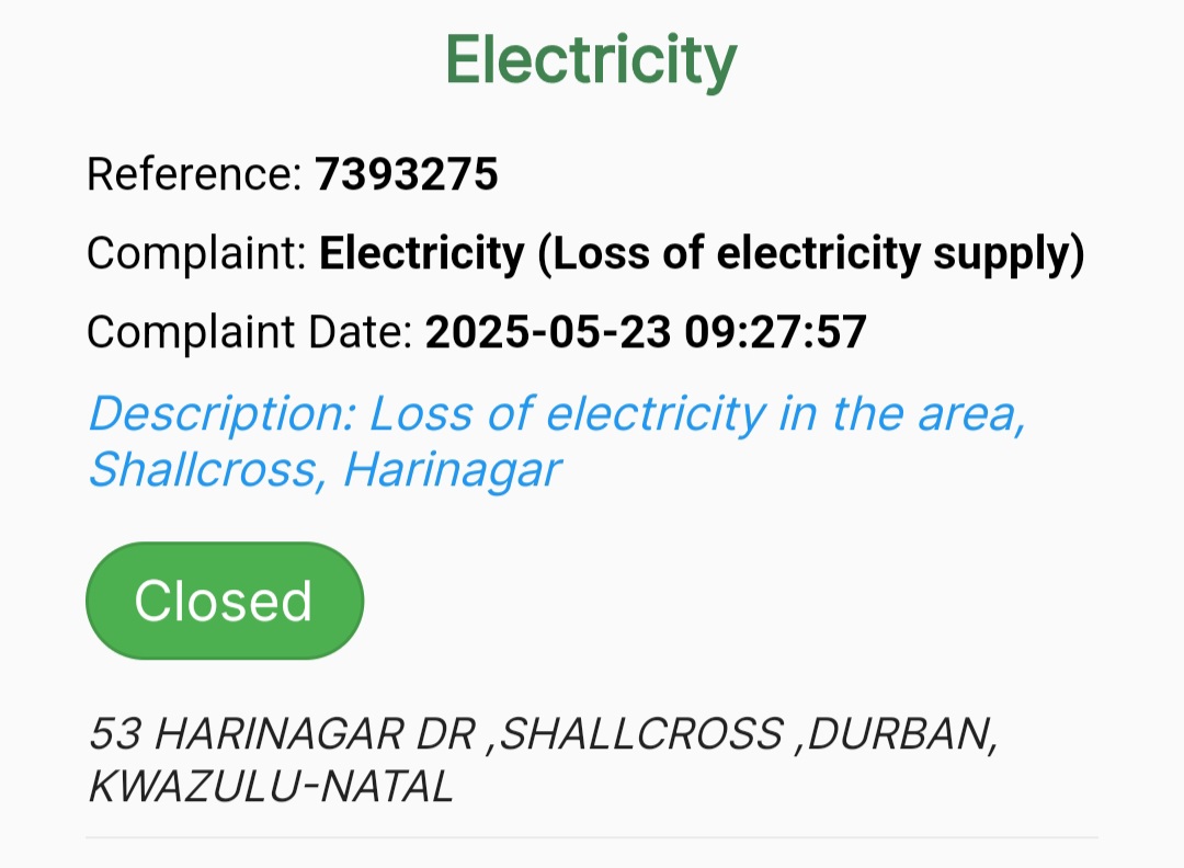JVPP's tweet photo. @eThekwiniM 

This fault is closed and we still do not have electricity 

I would line to know how was that possible 

Please investigate how did the fault get closed with out supply https://t.co/xNAK7gVqcN