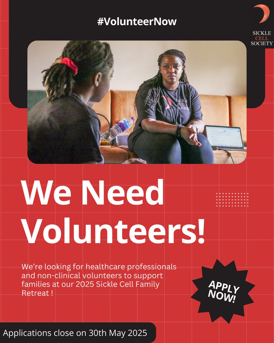 Volunteer with Us – Sickle Cell Family Retreat 2025! 🏕️ We're looking for healthcare pros &amp; non-clinical volunteers to support families through a weekend of learning, adventure &amp; community 💛Apply by 30 May 👉 bit.ly/VOLUNTEERS2025 
#SickleCell #VolunteerOpportunity