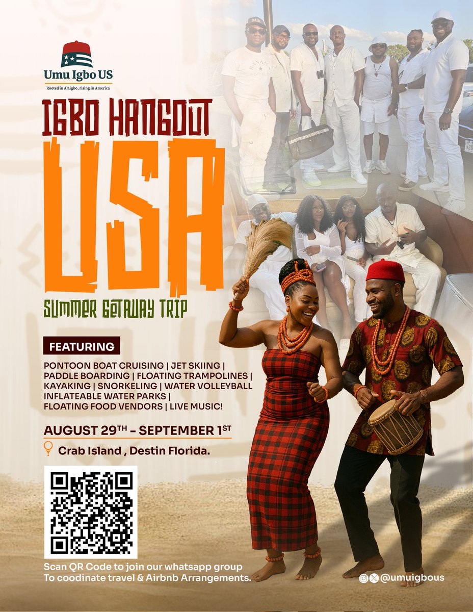 Dear Ụmụnne, your request was heard, and we’ve responded!

We’re thrilled to announce that the Ụmụ Igbo US Hangout will take place from August 29th to September 1st in Destin Beach, Florida.

With its serene environ, Crab Island a shallow, crystal-clear sandbar near the