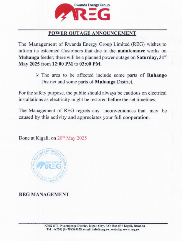 reg_rwanda's tweet photo. #Power_Outage_Alert
On 31st May 2025 there is a planned power outage in some parts of @Muhangadis .
Please plan accordingly to avoid interruption.
#Ibura_Ryumuriro
Tariki ya 31/05/2025 hateganyijwe ibura ry'umuriro mu bice bimwe bya @Muhangadis .
Murakoze. https://t.co/ktoMup0DG3