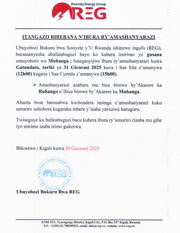 reg_rwanda's tweet photo. #Power_Outage_Alert
On 31st May 2025 there is a planned power outage in some parts of @Muhangadis .
Please plan accordingly to avoid interruption.
#Ibura_Ryumuriro
Tariki ya 31/05/2025 hateganyijwe ibura ry'umuriro mu bice bimwe bya @Muhangadis .
Murakoze. https://t.co/ktoMup0DG3