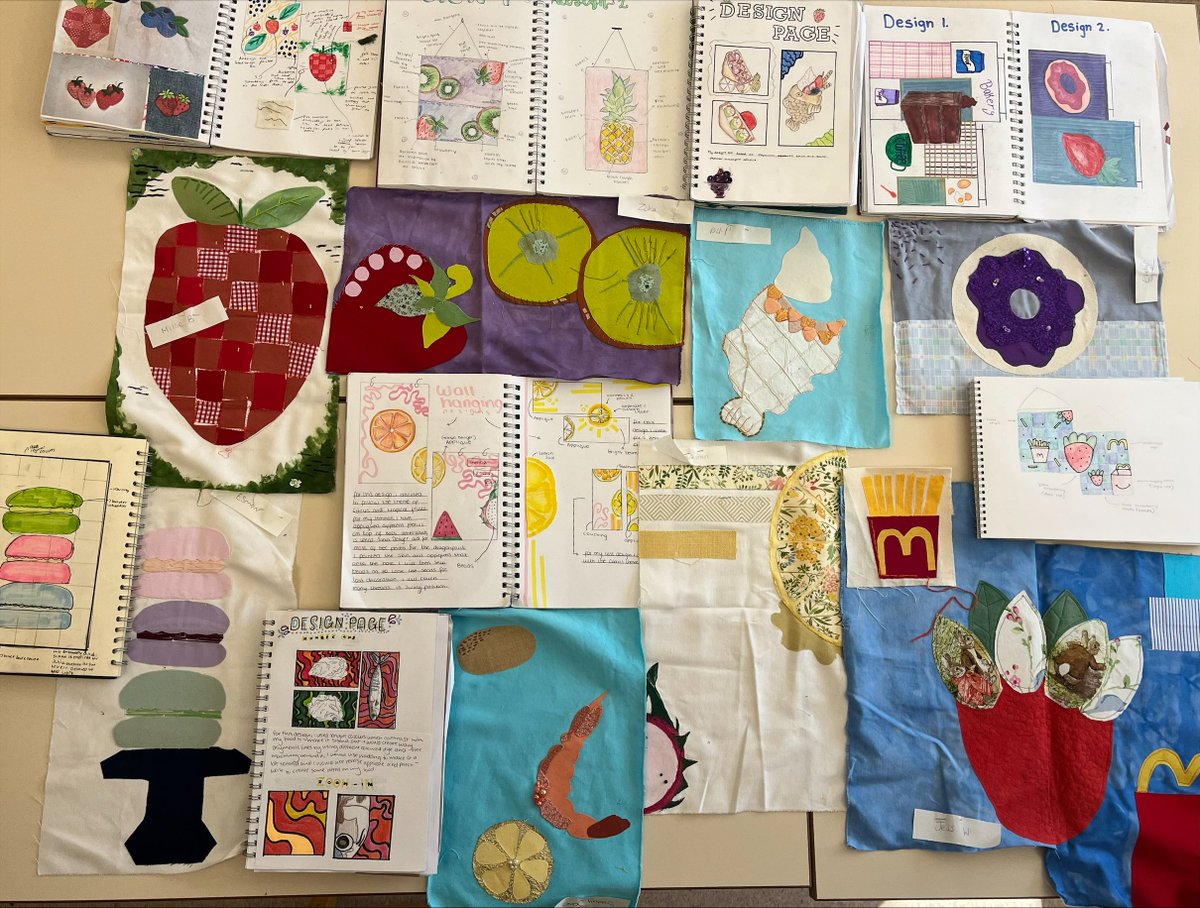 PipersSenior's tweet image. Fantastic design and practical assessment work produced by Year 9 Textiles. Their Food inspired wall hangings are going to be bright, bold and fun. #PipersSenior #PipersYear9
