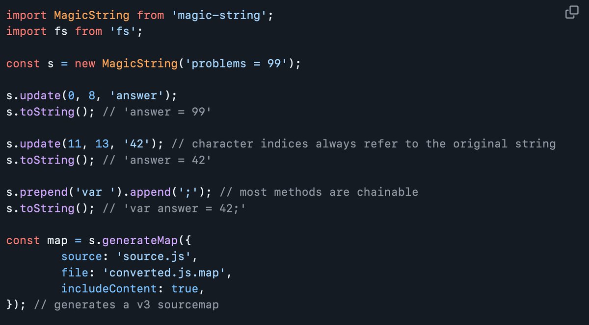 aidenybai's tweet image. magic-string is a must have for manipulating strings/js code