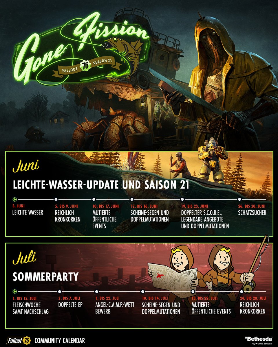 Der Community Kalender für Juni und Juli ist da! 📅 August und September folgen ebenfalls in Kürze.

Auf welche Events freust du dich am meisten? #Fallout76