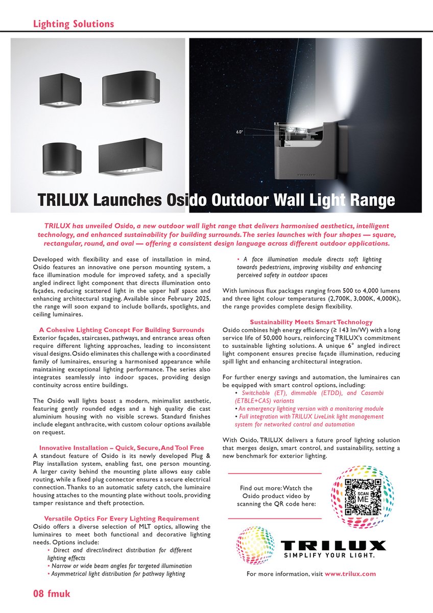 FMUKmagazine1's tweet photo. Latest Issue 📰: TRILUX has unveiled Osido, a new #outdoor #WallLight range for harmonised #aesthetics, intelligent #technology & enhanced #sustainability for building surrounds.
➡️https://t.co/DIxHMuSV4a
#facman #FacilitiesManagement #SmartLighting #efficiency #light #buildings https://t.co/7FcSOvxjZw