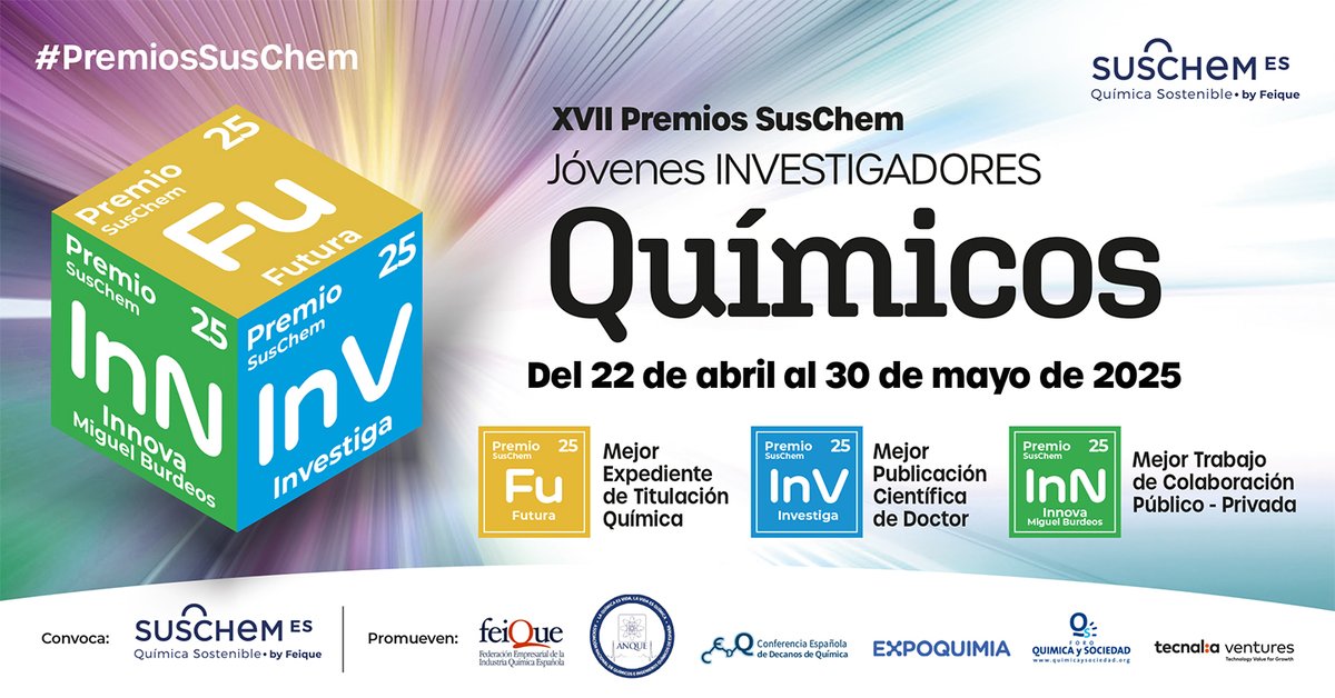 Queda una semana pero ¡aún estás a tiempo! Hasta el 30/05 participa en los #PremiosSusChem 2025 y demuestra la importancia de tu trabajo en #química 

Consulta las bases y preséntate a alguna de sus 3 categorías #Futura #Investiga #Innova - Miguel Burdeos👉bit.ly/3d3HzHv