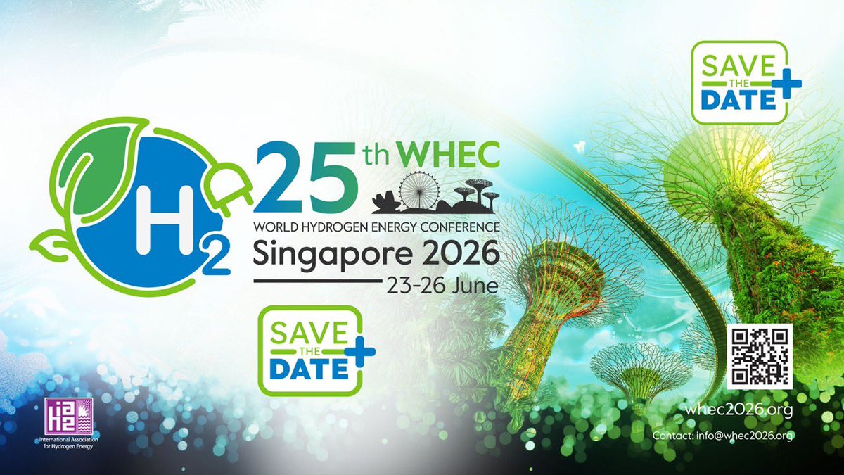 The World Hydrogen Energy Conference (WHEC) 2026 will take place from June 23 to 26, 2026, in Singapore. whec2026.org