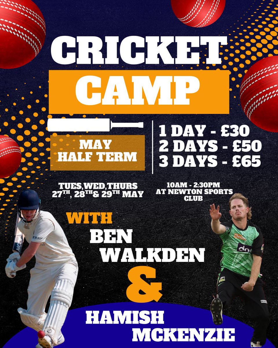 CRICKET CAMP 🧡💙
1XI captain Ben Walkden and Overseas Pro Hamish Mckenzie are holding  a cricket camp over the May Half Term!!!  Given their expertise, this is an unmissable opportunity for development and general fun throughout the half term. 

More details in the post attached