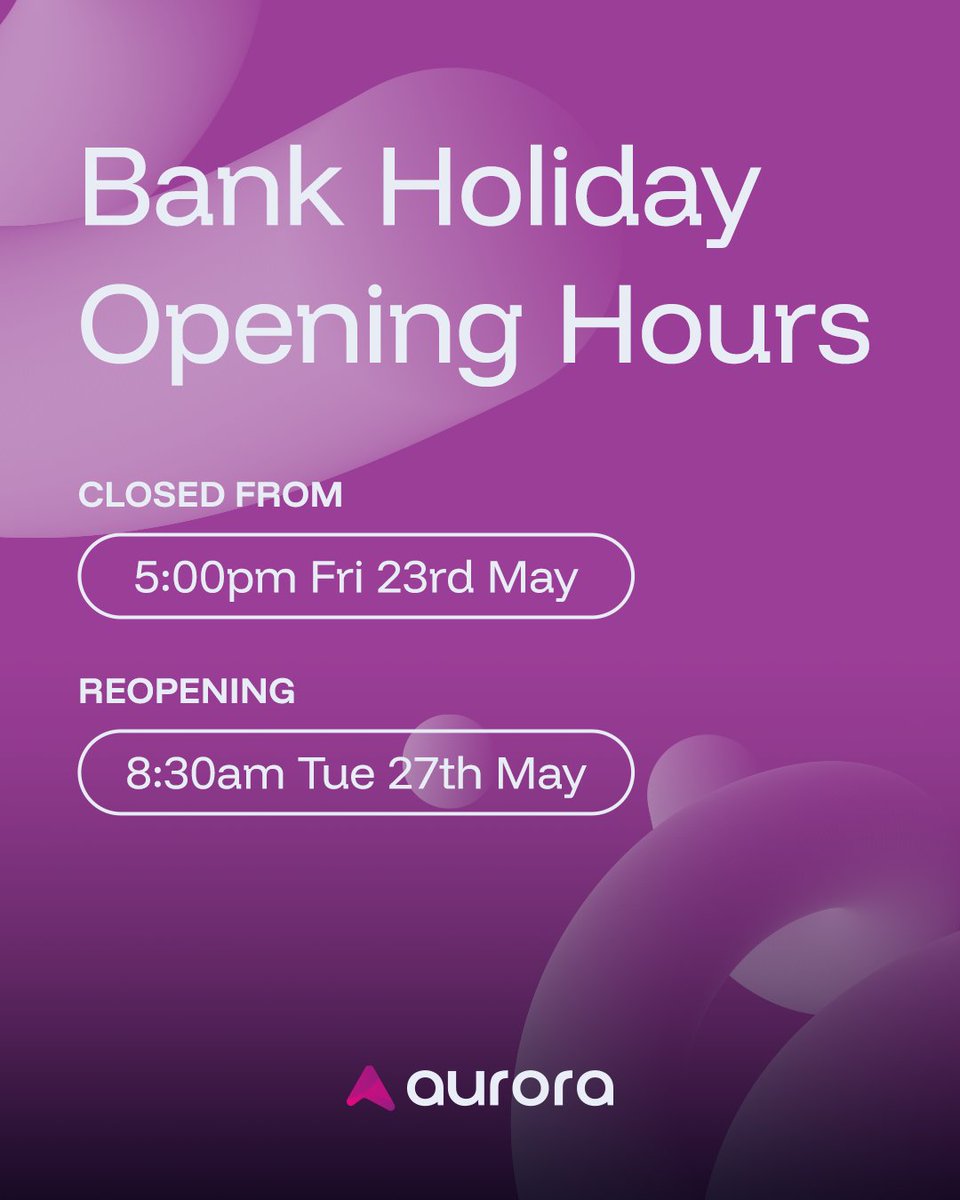 🌸 Aurora Spring Bank Holiday Opening Hours 🌸
Please note we’ll be closed from 5pm today for the Spring Bank Holiday.
Our team will be back and ready to assist from Tuesday 27th May.
Wishing you all a restful long weekend! 🌼