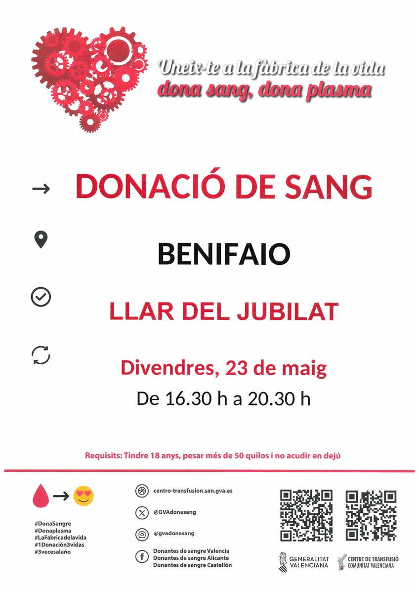 Dona sangre en #Benifaió
📆Viernes #23mayo 

👉No esperes a una situación de emergencia, dona con regularidad para salvar vidas.

#DonaSangre #ComparteVida ❤