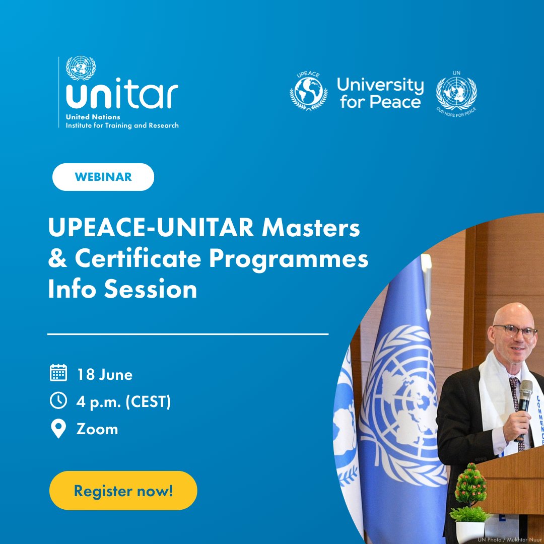 UNITAR's tweet photo. Join us and ask our course experts any questions you may have about our #Masters and certificate programmes in partnership with @UPEACE. #Diplomacy #GraduateDegree
🔗 https://t.co/ZyUFp9Nv9h https://t.co/T07MUBcLbB