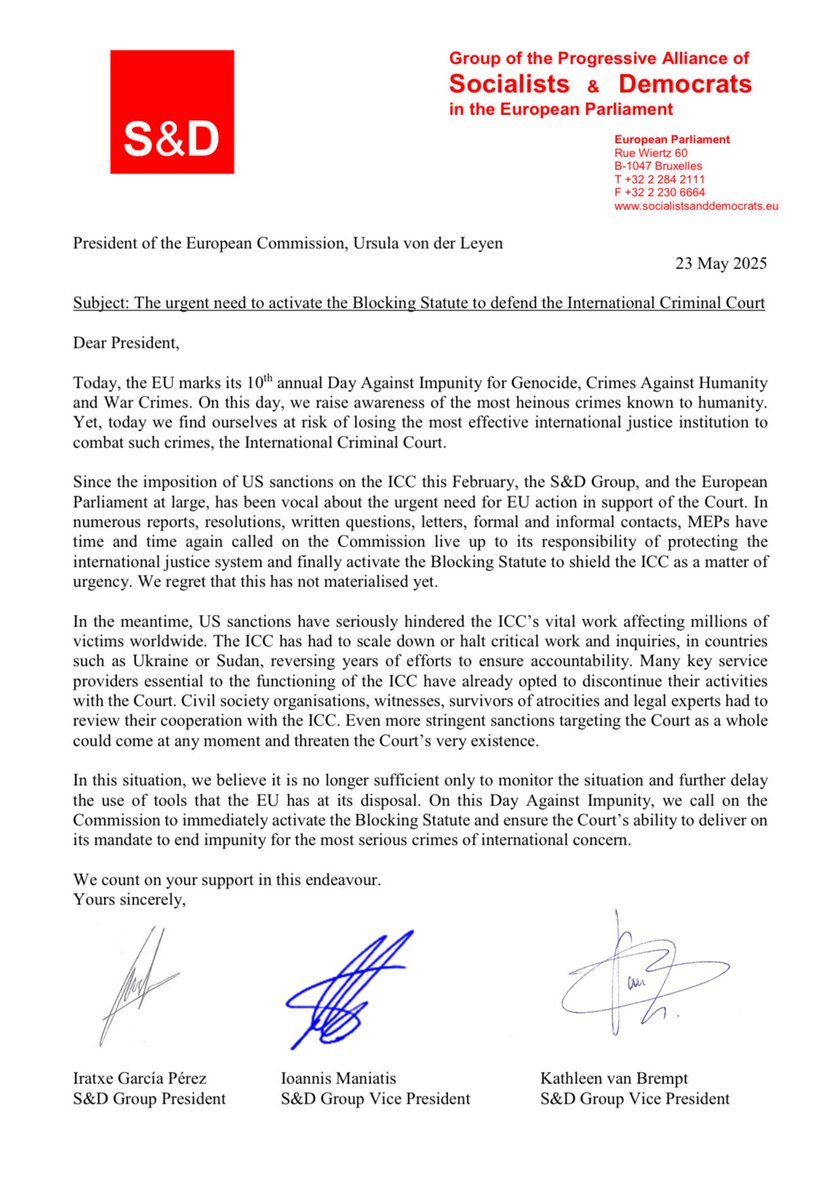 S&D Group (@theprogressives) on Twitter photo Due to US sanctions, the ICC can barely carry out basic tasks as it seeks justice for victims of the gravest crimes.
In a letter to President Von der Leyen, <a href="/IratxeGarper/">Iratxe García Pérez /❤️</a> <a href="/kvanbrempt/">Kathleen Van Brempt</a> <a href="/Yannis_Maniatis/">Yannis Maniatis</a> urge the Commission to activate the Blocking Statute now, shielding the ICC. Due to US sanctions, the ICC can barely carry out basic tasks as it seeks justice for victims of the gravest crimes.
In a letter to President Von der Leyen, <a href="/IratxeGarper/">Iratxe García Pérez /❤️</a> <a href="/kvanbrempt/">Kathleen Van Brempt</a> <a href="/Yannis_Maniatis/">Yannis Maniatis</a> urge the Commission to activate the Blocking Statute now, shielding the ICC.