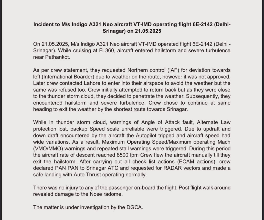ShivAroor's tweet photo. BREAKING ⚠️

DGCA confirms that Pakistan’s Lahore ATC denied permission to distressed IndiGo Delhi-Srinagar flight on May 21 from entering Pak airspace briefly to avoid thunderstorm. The aviation terrorism of Pakistan stands confirmed. https://t.co/kLuLFcZUj4