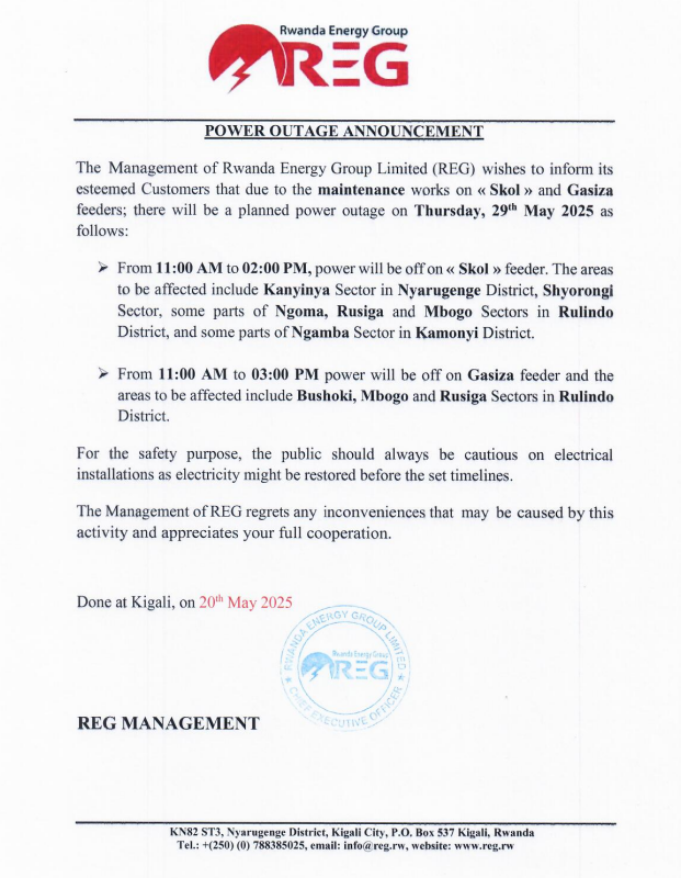 reg_rwanda's tweet photo. #Power_Outage_Alert
On 29th May 2025 there is a planned power outage in some parts of @Nyarugenge @rulindodistrict & @Kamonyi .
Please plan accordingly to avoid interruption.
#Ibura_Ryumuriro
Tariki ya 29/05/2025 hateganyijwe ibura ry'umuriro mu bice bimwe bya @Nyarugenge @rulindodistrict & @Kamonyi .
Murakoze.