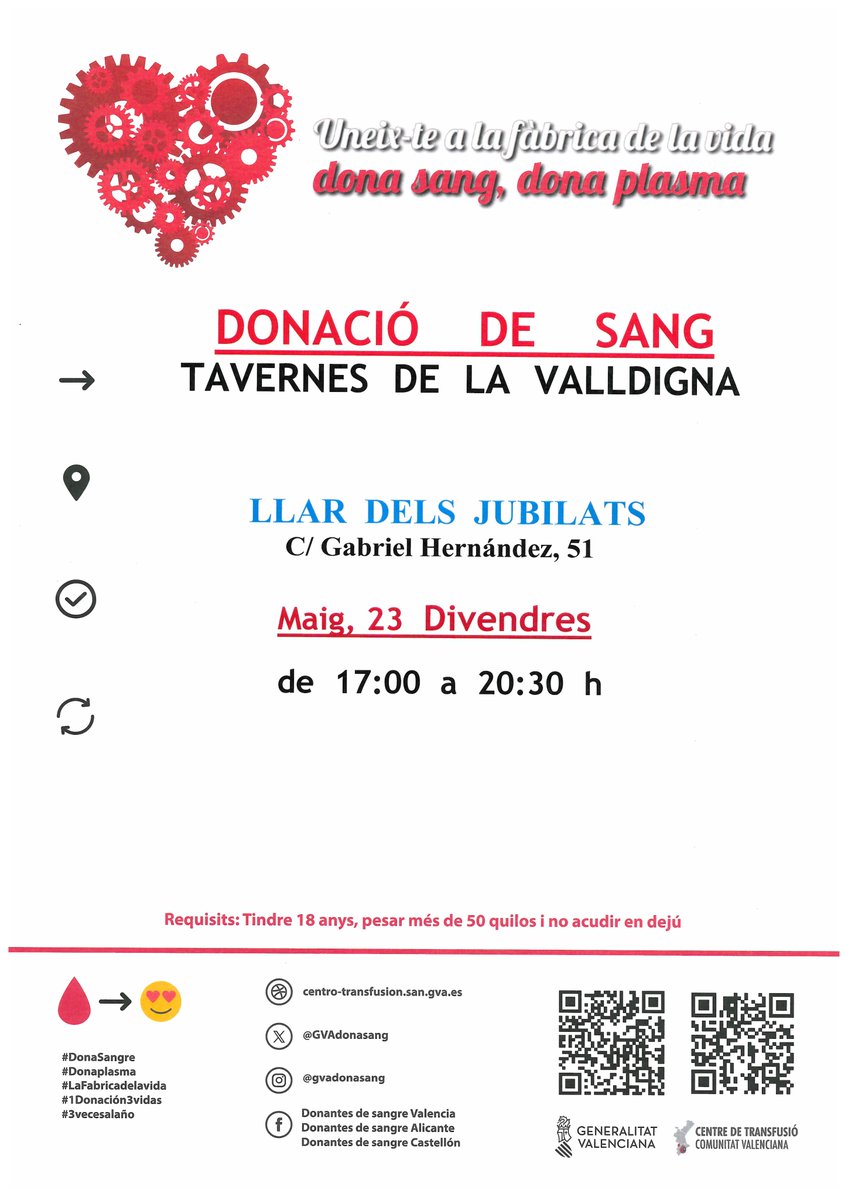 Dona sangre en #TavernesDeLaValldigna
📆Viernes #23mayo 

👉No esperes a una situación de emergencia, dona con regularidad para salvar vidas.

#DonaSangre #ComparteVida ❤