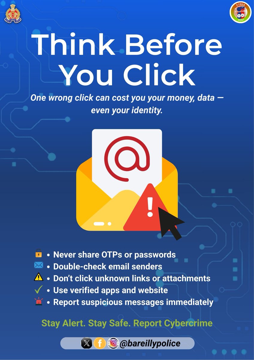 bareillypolice's tweet photo. #CyberAwareness

Think Before You Click👆
One wrong click can cost you your money, data even your identity. 

डिजिटल आकाश में सुरक्षित उड़ान! मजबूत पासवर्ड और सतर्कता से साइबर खतरों को दें मात।

Report any Cyber Crime at 1930 &amp; Register Online Complaint on https://t.co/xgbn1SWqn1 https://t.co/MphX8VcCji