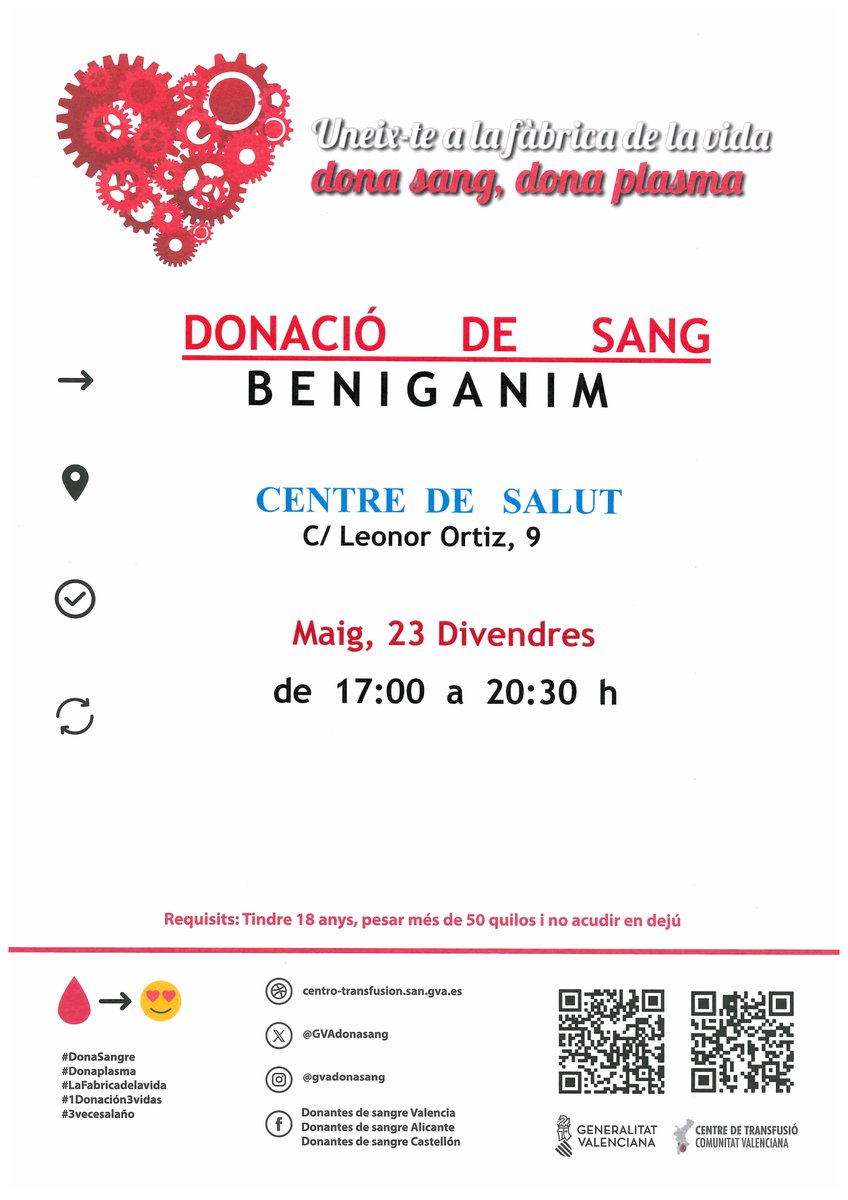 Dona sangre en #Benigànim
📆Viernes #23mayo 

👉No esperes a una situación de emergencia, dona con regularidad para salvar vidas.

#DonaSangre #ComparteVida ❤