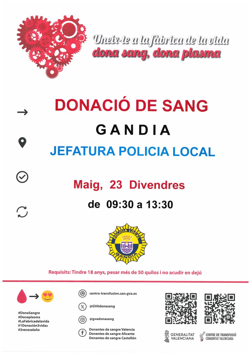 Dona sangre en #Gandia
📆Viernes #23mayo 

👉No esperes a una situación de emergencia, dona con regularidad para salvar vidas.

#DonaSangre #ComparteVida ❤