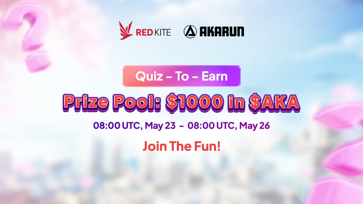 🎉 $1,000 $AKA Giveaway!
Ready to race your way into Akarun? 50 lucky winners will share $1,000 in $AKA just by joining the fun!

📅 Duration: 08:00 UTC, May 23 – 08:00 UTC, May 26
🎁 Rewards: $1,000 in $AKA
👥 Winners: 50 lucky participants | 20$ in $AKA for each

🕹 How to
