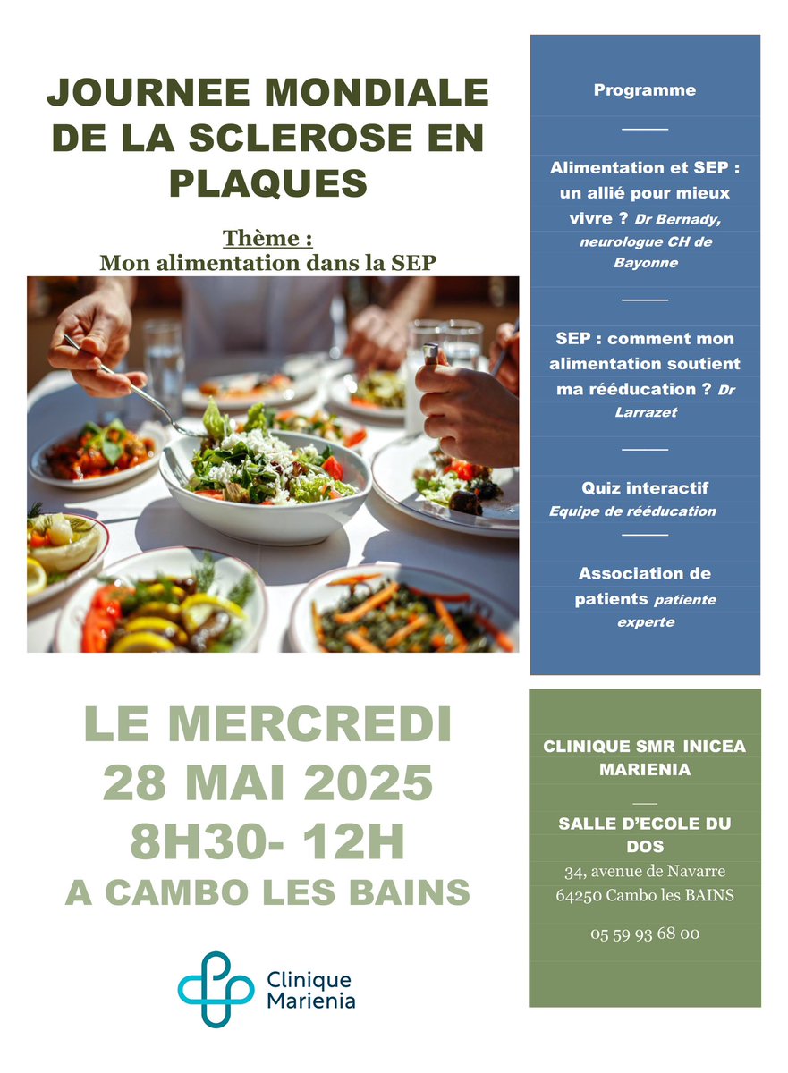 🗣️  Mercredi 28 Mai!  Cette année,
zoom sur la thématique de l'alimentation, cet allié pour mieux vivre la SEP en cette Journée Mondiale de la Sclérose en Plaques!

👉 Nos équipes seront là pour répondre à vos questions!

<a href="/Inicea_Sante/">Inicea</a> <a href="/France_SEP/">France Sclérose En Plaques</a> <a href="/Clariane/">Clariane</a> #SEP #marienia