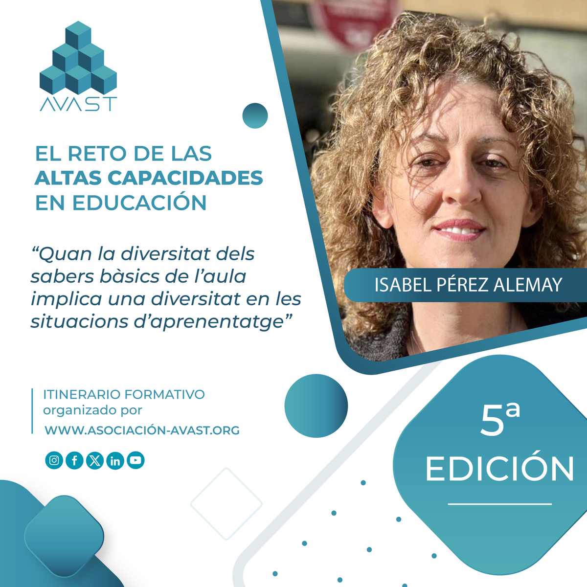 Mañana en la #FormaciónAVAST25 tendremos con nosotros a <a href="/monz_anna/">Anna Monzó</a> , <a href="/BarceloConcha/">Concha Barceló López</a> , <a href="/Carolin28076938/">Carolina</a> , Ana Cutanda e Isabel Pérez. Nos hablarán de IA, propuestas de enriquecimiento, Breakout educativo, DUA y multinivel para atender en el aula al alumnado con #AltasCapacidades